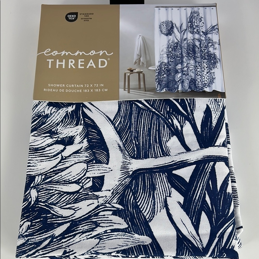 Common Thread Shower Curtain Large Floral Design Blue White 72 x 72 NEW
